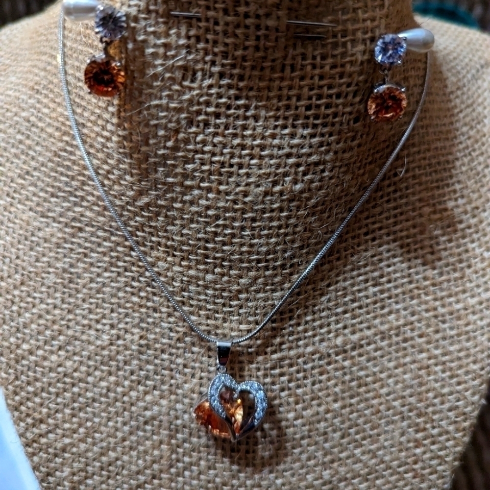3 piece Glamorous Cubic Zirconia Heart Charm Necklace and Earrings #22  mfp